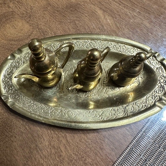 Vintage Solid Brass Miniature Tea Pot Set with Tray, Home Decor, Brass Decor - Picture 2 of 6